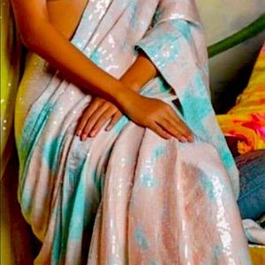 Pale pink and cotton candy blue sequenced saree